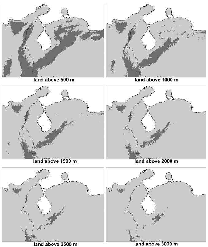 Map of northern Andes indicating the areas of land above 500-3,000 m, each 500 m.