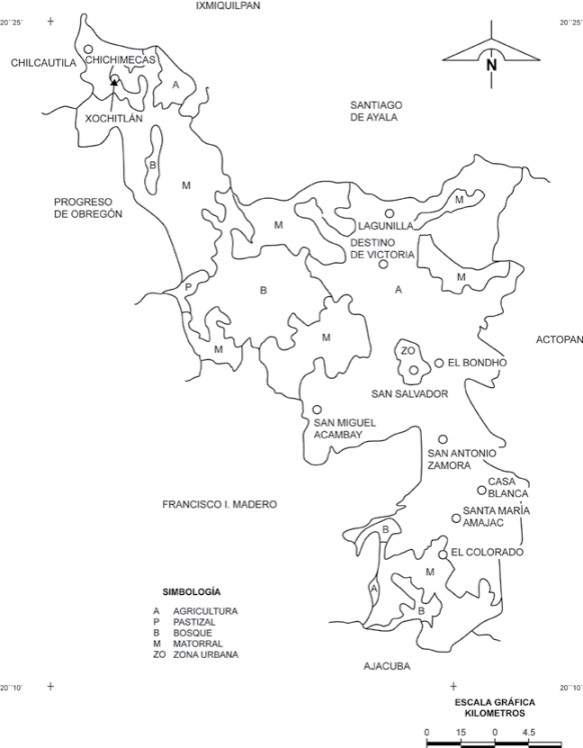 Localization of the plots San Salvador and El Bondho, in Hidalgo, Mexico (modified from INEGI, 1998)