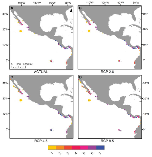 Cambios en la riqueza total de especies en respecto a la actualidad (A) en los escenarios 2.6 (B), 4.5 (C) y 8.5 (D) en su horizonte 2050