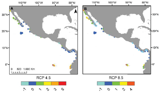 N&uacute;mero de especies perdidas, ganadas y conservadas en los escenarios 4.5 (A) y 8.5 (B) en su horizonte 2050. Los n&uacute;meros negativos representan las especies perdidas, los n&uacute;meros positivos representan especies ganadas, el cero las especies conservadas