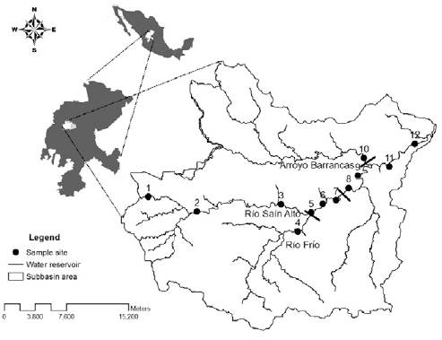 Geographical location (19&deg;34&rsquo;28.36&rdquo; N, -103&deg;14&rsquo;43.79&rdquo; W) of Sa&iacute;n Alto River basin in the State of Zacatecas, Mexico. Black circles indicate the fish sampling sites: (1) Arriba de Luis Moya [LM], (2) Los Sauces [LS], (3) Emiliano Zapata [EZ], (4) Miguel Hidalgo [MH], (5) Puente Atotonilco [PA], (6) Sa&iacute;n Alto [SA], (7) La Boquilla [LB], (8) El Castro [EC], (9) El Alamillo [EA], (10) Crucero a Barrancas [CB], (11) Sa&iacute;n Bajo [SB], and (12) La Laborcita [LL]