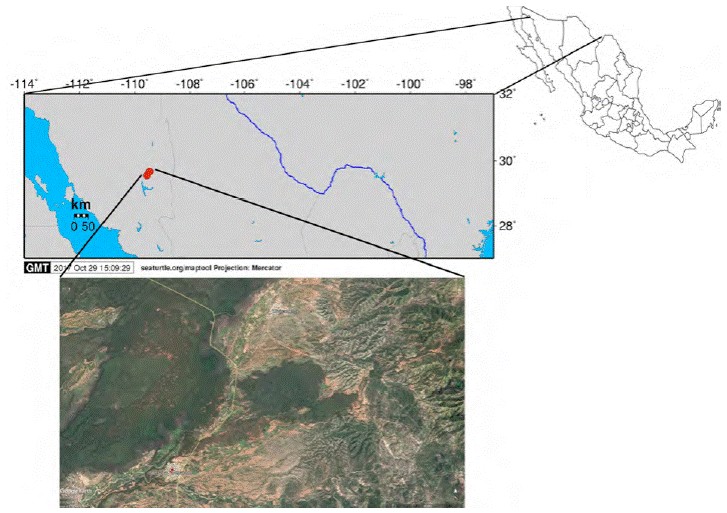 Ubicaci&oacute;n de las localidades en que se colectaron los ejemplares tipo de Centruroides lauriadnae sp. n.