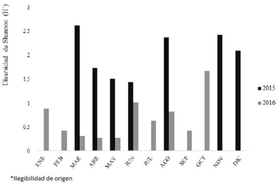 Valores obtenidos a partir del &iacute;ndice de Shannon-Wiener para la diversidad mensual en 2015 y 2016
