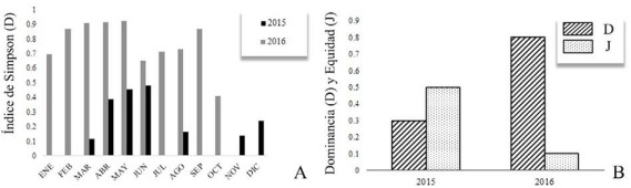 A, Dominancia mensual analizada por a&ntilde;o con el &iacute;ndice de Simpson; B, contraste entre &iacute;ndice de dominancia de Simpson (d) e &iacute;ndice de equidad de Pielou (j). Valores anuales en el periodo de estudio (2015 y 2016)