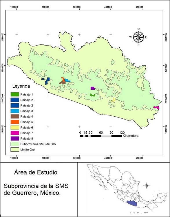 Localizaci&oacute;n geogr&aacute;fica del &aacute;rea de estudio: imagen superior, se delimita el estado de Guerrero, la SMS de Guerrero en color verde claro y los pol&iacute;gonos de diferentes colores corresponden a los paisajes muestreados de 2009 a 2018. La descripci&oacute;n de los 8 paisajes se encuentra en la Tabla 1. La imagen inferior izquierda muestra en color azul la localizaci&oacute;n del estado de Guerrero en M&eacute;xico.