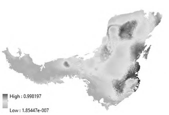 Distribuci&oacute;n potencial de Zamia prasina en el presente (1950-2000) en la pen&iacute;nsula de Yucat&aacute;n. Modelado en MAXENT.