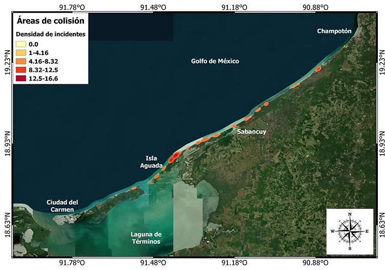 &Aacute;reas con mayor densidad de colisiones entre fauna silvestre y tr&aacute;nsito vehicular en la carretera costera del golfo de M&eacute;xico en parte de Campeche.