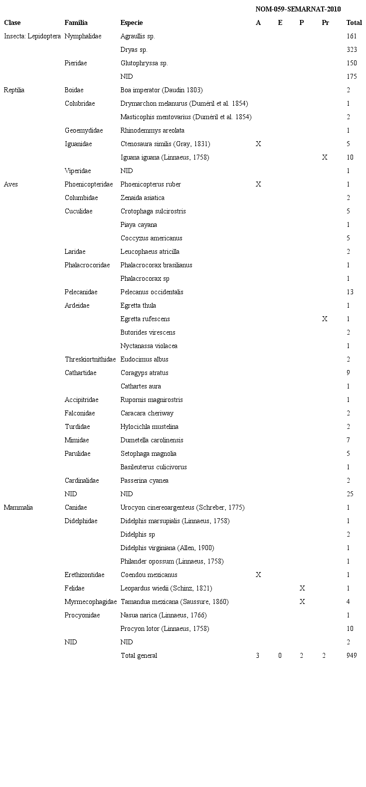 Listado de especies de fauna silvestre colisionadas durante octubre-diciembre de 2018 por tr&aacute;nsito vehicular sobre la ruta Ciudad del Carmen - Champot&oacute;n, en la carretera costera del golfo de M&eacute;xico 180. Categor&iacute;as de riesgo: amenazada (A), extinta (E), peligro de extinci&oacute;n (P) y sujeta a protecci&oacute;n especial (Pr) (Semarnat, 2010). La nomenclatura de las aves sigue la &uacute;ltima actualizaci&oacute;n de la AOS (Berlanga et al., 2019). NID = Especie no identificada.