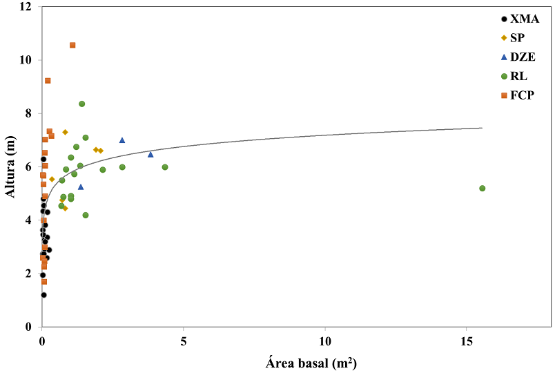 Relación observada y estimada entre la altura (m) y el área basal (m2) de los individuos de las poblaciones de Beaucarnea pliabilis registrados en los transectos de las localidades DZE (Dzemul), FCP (Felipe Carrillo Puerto), RL (Río Lagartos), SP (Sierra Papacal) y XMA (Xmabén), estimada mediante un modelo de regresión múltiple (r2 = 0.27; p < 0.0000).