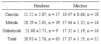 Valores promedio &plusmn; desviaci&oacute;n est&aacute;ndar de la longitud hocico-cloaca de 117 adultos de Eleutherodactylus planirostris. En todos los casos p < 0.001.