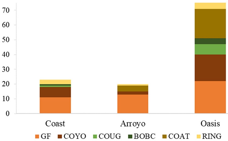 Presence-absence of the carnivores gray fox (GF), coyote (COYO), bobcat (BOBC), coati (COAT), and ringtail (RING) from the coast to the oasis over a year in Las Barajitas Canyon.