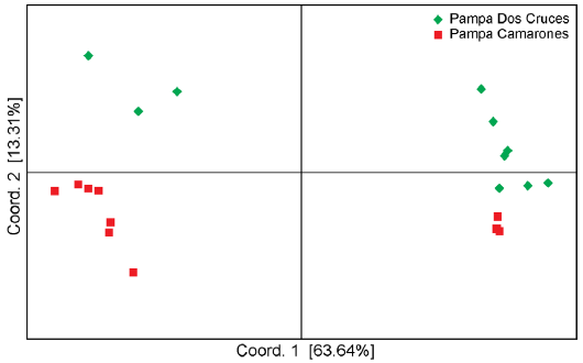Two-dimensional Principal Coordinates Analysis (PCoA) using AFLP markers of 20 individuals from 2 populations of Tillandsia landbeckii.