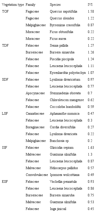 Summary of the 5 most important species, ranked by their importance value index (IVI) in each vegetation type. Vegetation types: Tropical Dry Oak Forest (TOF), Tropical Deciduous Forest (TDF), Semi-deciduous Forest (SDF), Late Secondary Forest (LSF), Intermediate Secondary Forest (ISF) and Early Secondary Forest (ESF).