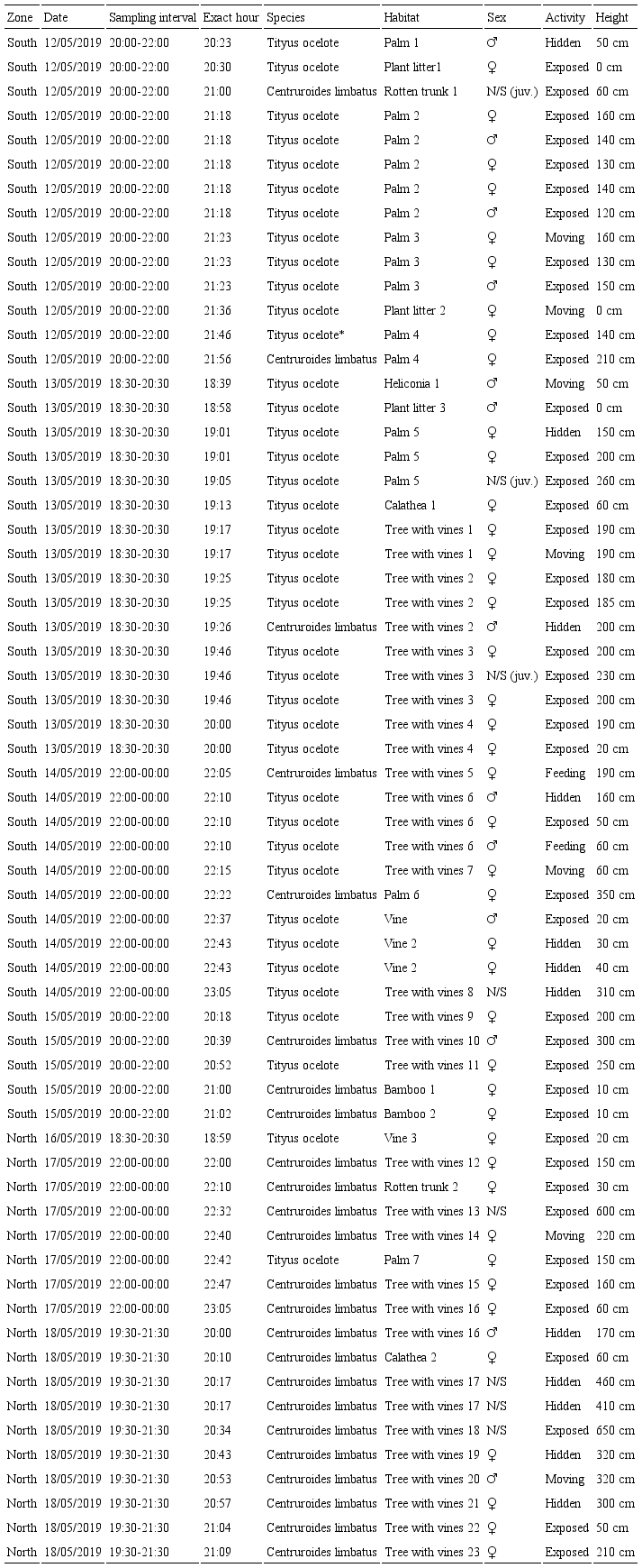 Total data collected along the seven days of sampling. *This female
							individual was carrying its nymphs (Fig.
								11).