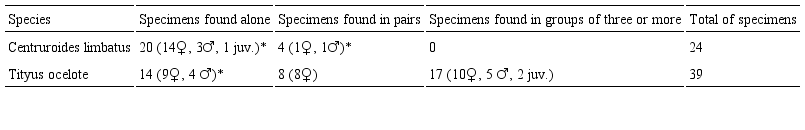 Number of specimens of each species found alone, in pairs or in
							groups. *Specimens that are not classified in these groups were too high
							for sexing or determining their life stage without disturbing them.
						