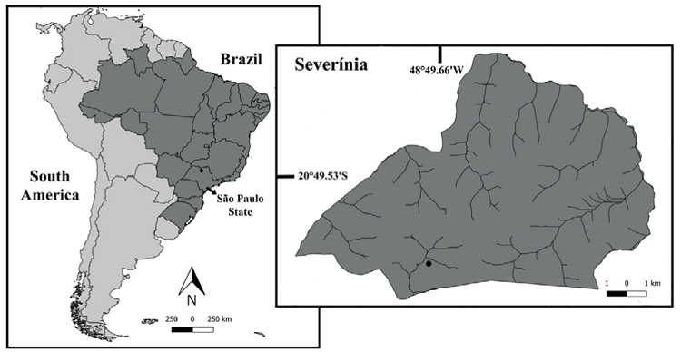 Location of the study site, a water reservoir in Severínia, São
							Paulo, Brazil.