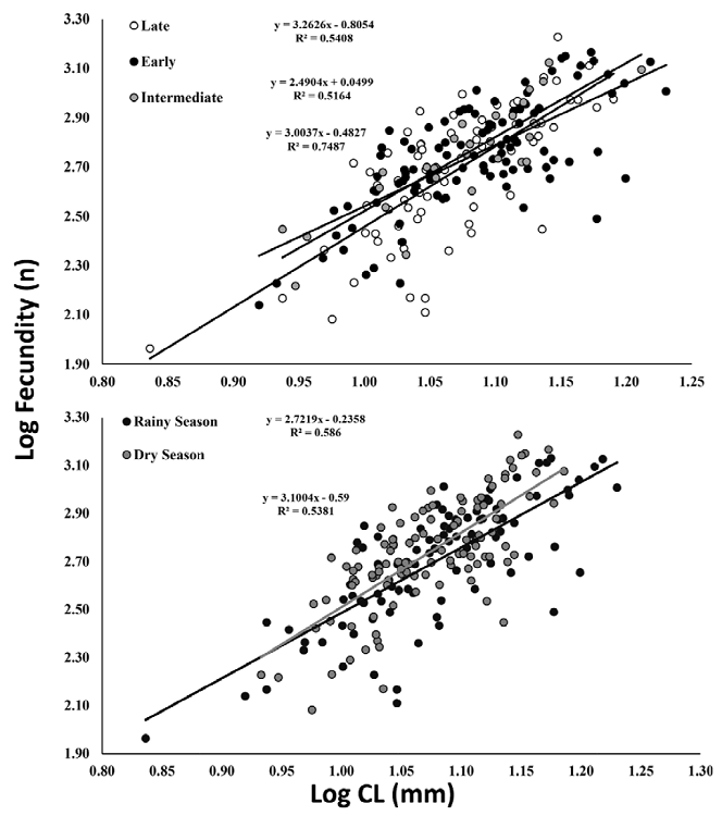 Macrobrachium amazonicum (Heller, 1862).
							Relationship between fecundity and carapace length of females (CL), by
							embryonic developmental stages and season.