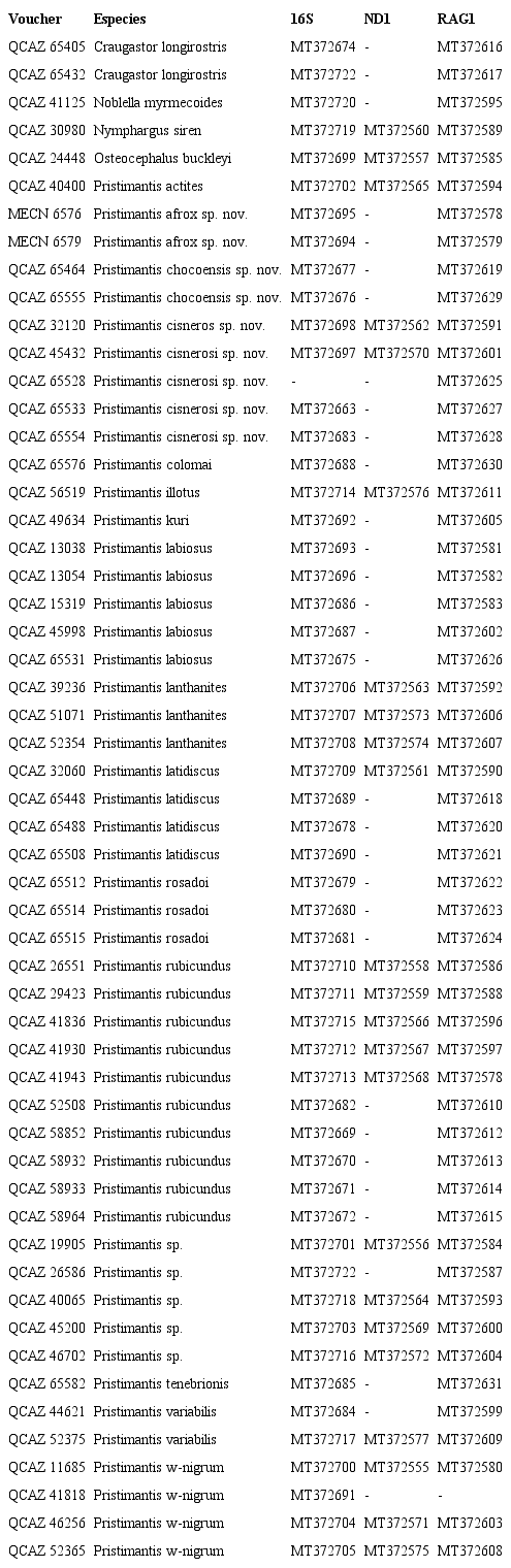 N&uacute;meros de acceso de muestras GenBank usadas para an&aacute;lisis filogen&eacute;ticos. En la tabla se incluyen &uacute;nicamente las secuencias nuevas generadas para este estudio. Datos de colecci&oacute;n de los espec&iacute;menes disponibles en https://zenodo.org/; bajo DOI: 10.5281/zenodo.3597495.