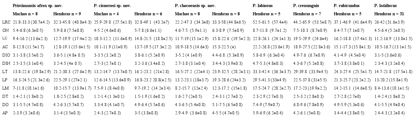 Medidas morfom&eacute;tricas de la serie tipo de Pristimantis afrox sp. nov., P. cisnerosi sp. nov., P. chocoensis sp. nov. y de hembras adultas de P. labiosus, P. crenunguis, P. rubicundus y P. latidiscus. Rango de medidas (m&aacute;ximo, m&iacute;nimo, media y &plusmn; desviaci&oacute;n est&aacute;ndar). DON = distancia &oacute;rbita-narina; LC = longitud cef&aacute;lica; AC = ancho cef&aacute;lico; DIO = distancia interorbital; DIN = distancia internarinal; LT = longitud de la tibia; LP = longitud del pie; LM = longitud de la mano; DT = di&aacute;metro horizontal del t&iacute;mpano; DO = di&aacute;metro de la &oacute;rbita; AP = ancho del p&aacute;rpado.