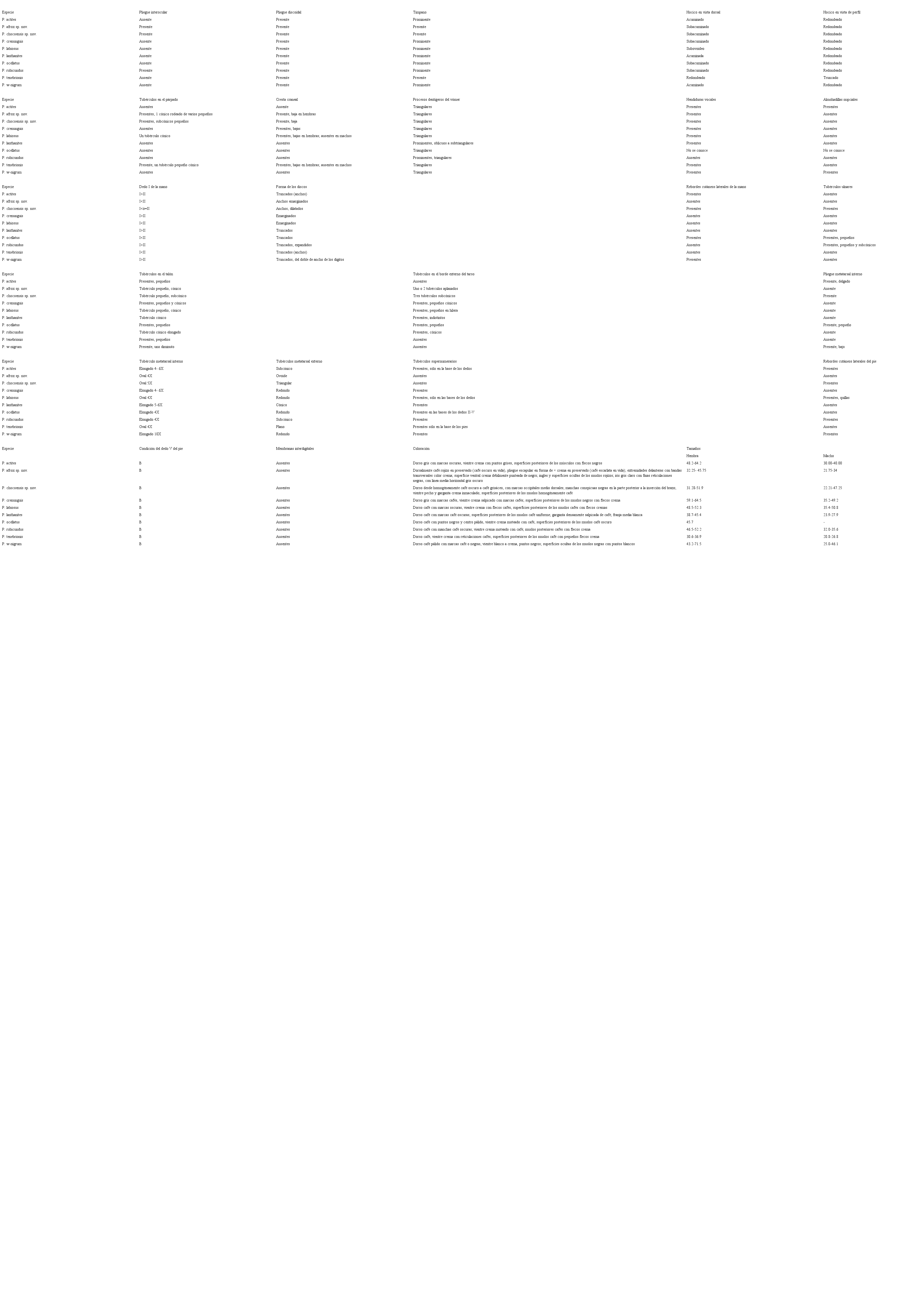Sumario de caracteres utilizados para las comparaciones morfol&oacute;gicas de las nuevas especies con las especies m&aacute;s similares del grupo de especies de P. rubicundus del subg&eacute;nero Hypodyction. La informaci&oacute;n de caracteres ha sido extra&iacute;da de Lynch (1975, 1976, 1979), Lynch y Burrowes (1990), Lynch y Miyata (1980), Lynch et al. (1994), Jim&eacute;nez-de la Espada (1875), Boettger (1892).