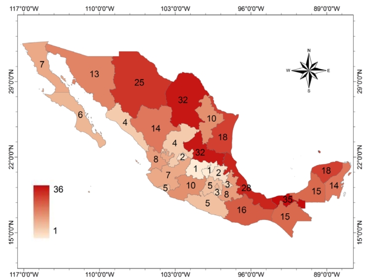 Map of Mexico with number of native species of freshwater gastropods by state.