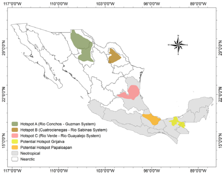Hotspots A, B, C and 2 potential hotspots of Mexican freshwater gastropods.