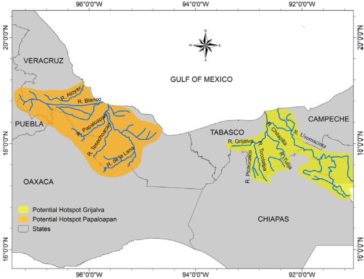 Potential hotspots Grijalva and Papaloapan of Mexican freshwater gastropods.