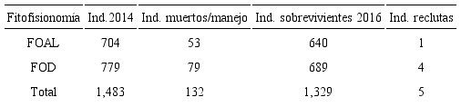 Mortalidad y reclutamiento de individuos (Ind) para flora ombrófila abierta con lianas (FOAL) y flora ombrófila densa (FOD) en la UPA 10 de la Unidad Manejo Forestal Uberláncia, Portel, Pará.
