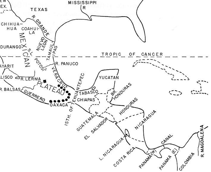 Ubicación de la línea divisoria (círculos negros) entre las regiones Neártica y Neotropical, de acuerdo con Darlington (1957).