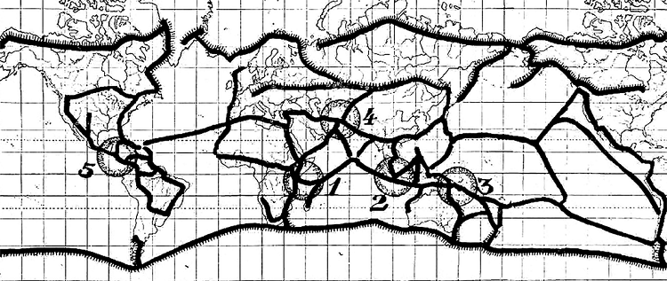 Resumen del análisis biogeográfico de Croizat (1958), donde se destaca el nodo 5 (México-Mesoamérica) como un área particularmente compleja.