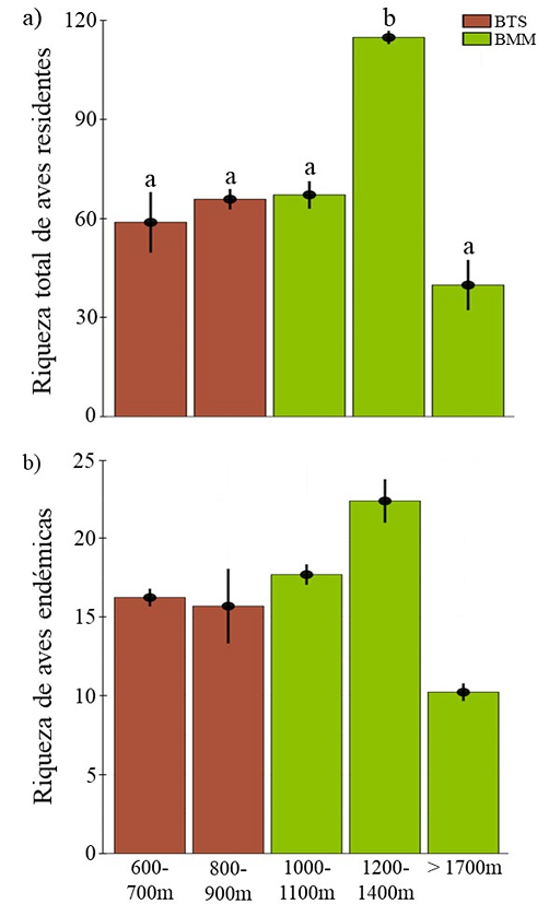 Riqueza de especies residentes y endemismo de aves por intervalo altitudinal en bosques tropicales h&uacute;medos y semih&uacute;medos en la sierra de Atoyac, Guerrero, M&eacute;xico. Letras diferentes denotan diferencias significativas de acuerdo a la prueba de Scott-Knott (p < 0.05). Los valores representen el promedio &plusmn; E.E. BTS: bosque tropical subcaducifolio, BMM: bosque mes&oacute;filo de monta&ntilde;a.