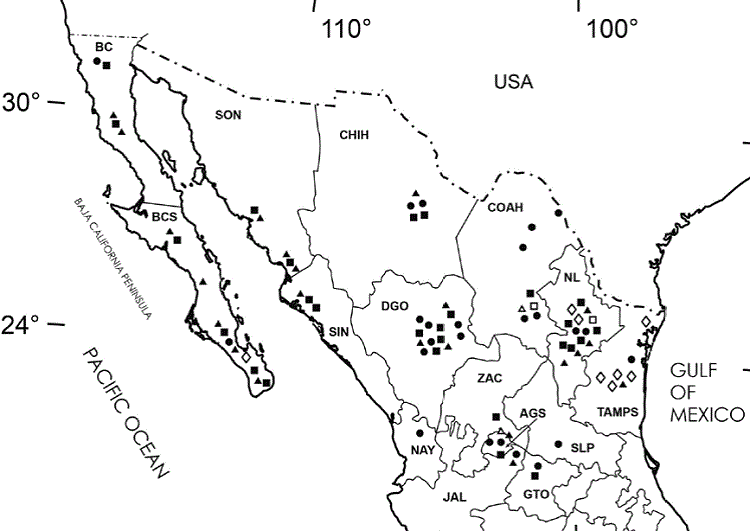New geographical records of exotic species of Oniscidea in 15 states of northern Mexico: Cubaris murina (open rhombuses), Armadillidium vulgare (black dots), Agabiformius lentus (open squares), Porcellio laevis (closed squares), Porcellio scaber (open triangles), and Porcellionides pruinosus (closed triangles). AGS = Aguascalientes, BC = Baja California, BCS = Baja California Sur, CHIH = Chihuahua, COAH = Coahuila, DGO = Durango, GTO = Guanajuato, JAL = Jalisco, NAY = Nayarit, NL = Nuevo León, SLP = San Luis Potosí, SIN = Sinaloa, SON = Sonora, TAMPS = Tamaulipas, and ZAC = Zacatecas.