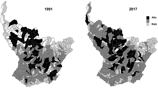 Variación espacio-temporal de la diversidad de hábitats de ecosistemas boscosos nativos en la cuenca del río Mira entre 1991 y 2017. Diversidad: baja = 0 - 1, media = 1 - 2; alta = > 2.