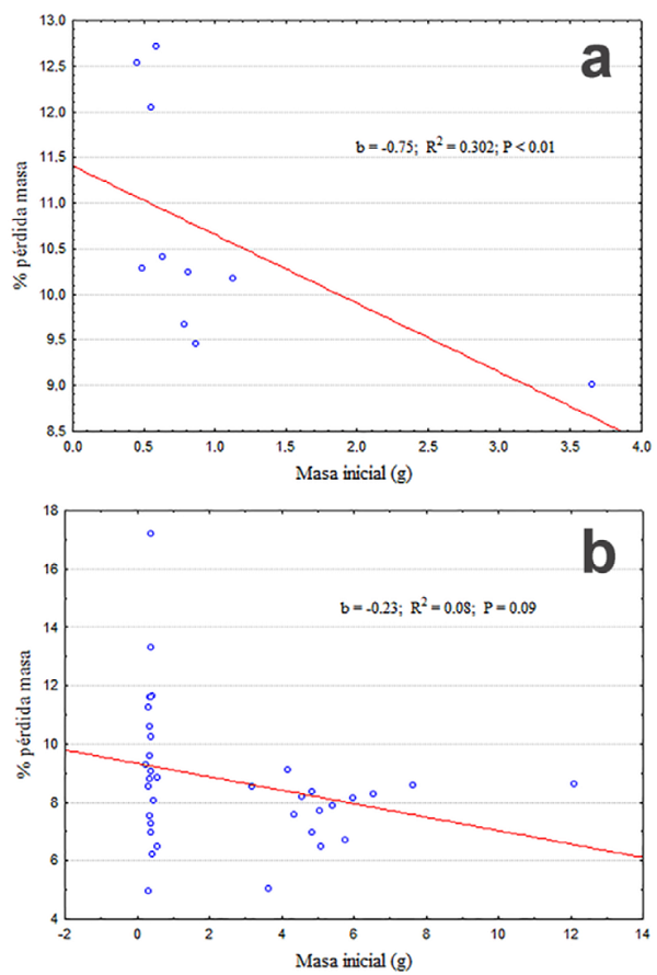 Porcentaje de pérdida de agua en relación con el peso (masa) inicial del individuo, 45 min luego de ser expuestas a 37 °C para Gastrotheca marsupiata (a) y Pleurodema cinereum (b).