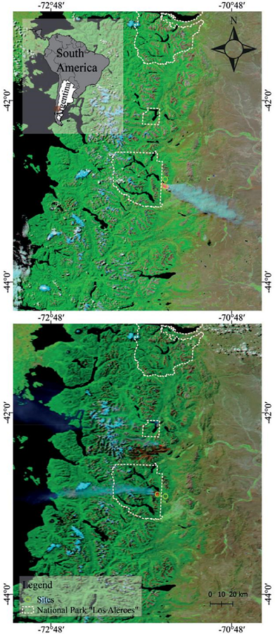 Study area map from Patagonian Argentina. The circles correspond to burnt and unburnt area. The map above corresponds to 2008 wildfire, and the map below to 2015 wildfire.