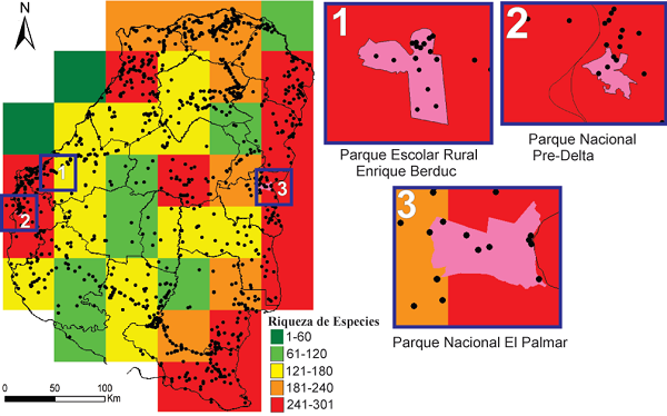 Riqueza de especies de las aves de la provincia de Entre Ríos en celdas de 0.5° lat-long. Los colores de las celdas indican en orden ascendente de verde (menor riqueza) a rojo (mayor riqueza). Los cuadrados azules señalan las áreas protegidas (ampliadas a la derecha en color rosado) con categorías estrictas I-II según UICN.
