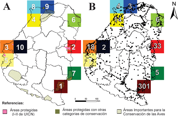 Mapa de Entre Ríos con: A) secuencia de celdas prioritarias de 1 a 10 en orden de prioridad. Se incluyen las AP con categoría I-II de conservación (color rosado); otras AP que se ubican dentro de las celdas y con otras categorías de conservación (color azul) y las Áreas Importantes para la Conservación de las Aves de Entre Ríos (AICA - reticulado); B) cantidad de especies diferentes que se adicionan a la primera celda.