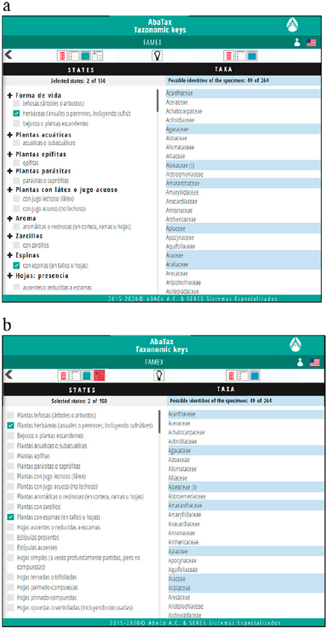 Basic view of the dynamic identification interface when displaying the FAMEX polykey (www.abatax.abaco2.org). a) Interface with the button "Show statements" off; b) interface with the button "Show statements" on. The list on the left shows the a) character - character states, or b) character state statements; the list on the right shows the list of possible taxa considered as identities of the specimen being determined. The symbol  indicates the selected characters, and the taxa that comply with the selection are blue shaded.