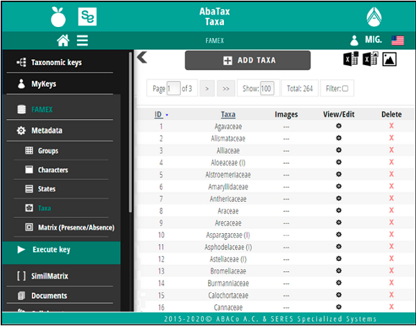 AbaTax interface used to modify or add taxa in the polykey.
