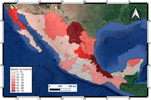 Gradiente colorimétrico del número de especies y subespecies del orden Phthiraptera por entidad federativa de México.