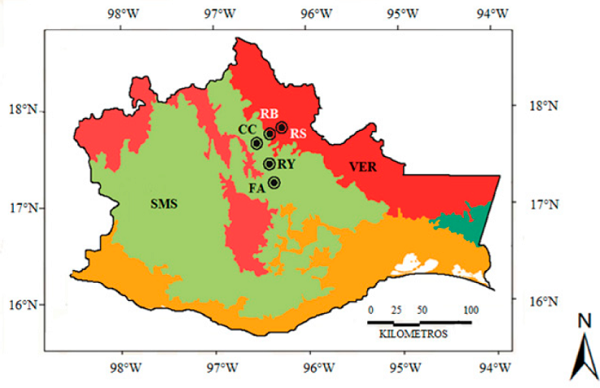Localización geográfica de los 5 sitios de estudio en la Sierra de
							Juárez (círculos negros). RB: Río Bobo; RS: río Soyolapam, CC: cascadas
							de Comaltepec; RY: río Yegu-Iag-Lagu; FA: río Flor de Azahar. Provincias
							Sierra Madre del Sur (SMS) y Veracruzana (VER). Redibujado de Morrone et al. (2017).