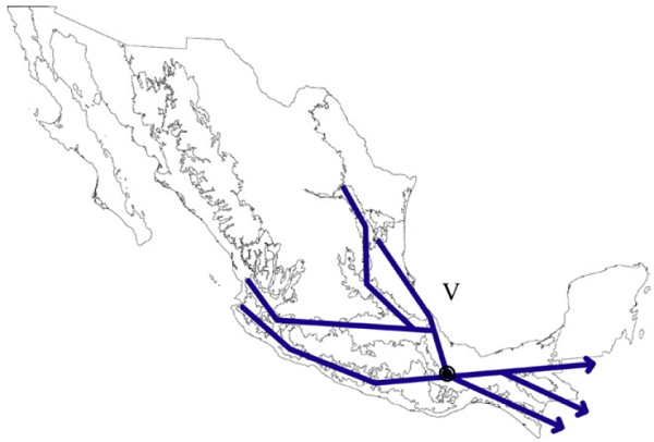 Trazo generalizado V que incluye a las provincias Sierra Madre
							Oriental, Faja Volcánica Transmexicana, Tierras Altas de Chiapas, Sierra
							Madre del Sur y Veracruzana. El círculo negro representa a la Sierra de
							Juárez.