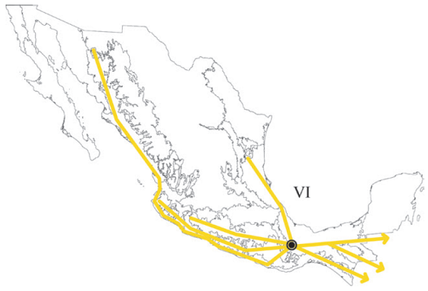 Trazo generalizado VI que incluye a las provincias Cuenca del Balsas,
							Tierras Bajas del Pacífico, Tierras Altas de Chiapas, Sierra Madre del
							Sur y Veracruzana. El círculo negro representa a la Sierra de
							Juárez.