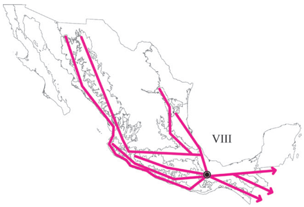 Trazo generalizado VIII que incluye a las provincias Sierra Madre
							Occidental, Sierra Madre Oriental, Cuenca del Balsas, Tierras Bajas del
							Pacífico, Veracruzana, Tierras Altas de Chiapas, Faja Volcánica
							Transmexicana y Sierra Madre del Sur. El círculo negro representa a la
							Sierra de Juárez.