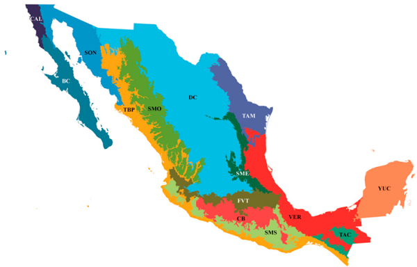 Provincias biogeográficas de México (modificado de Morrone et al., 2017): CAL:
							Californiana; BC: Baja California; SON: Sonora; DC: Desierto
							Chihuahuense; TAM: Tamaulipas; YUC: Península de Yucatán; SMO: Sierra
							Madre Occidental; SME: Sierra Madre Oriental; FVT: Faja Volcánica
							Transmexicana; CB: Cuenca del Balsas; SMS: Sierra Madre del Sur; TBP:
							Tierras Bajas del Pacífico; VER: Veracruzana; TAC: Tierras Altas de
							Chiapas.