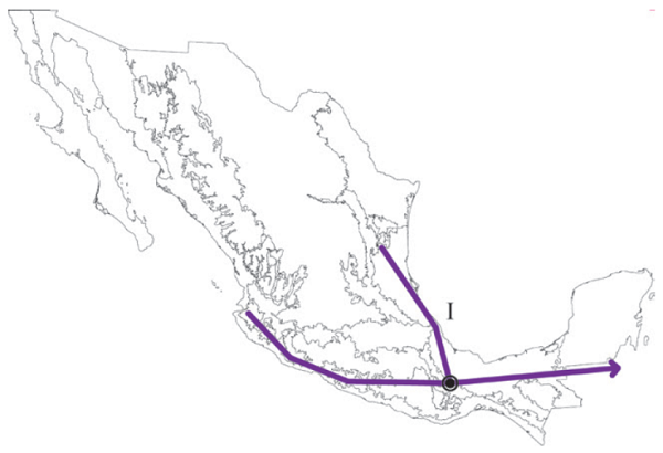 Trazo generalizado I que incluye a las provincias Sierra Madre del
							Sur y Veracruzana. El círculo negro representa a la Sierra de
							Juárez.