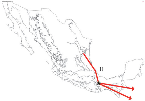 Trazo generalizado II que incluye a las provincias Veracruzana y
							Tierras Altas de Chiapas. El círculo negro representa a la Sierra de
							Juárez.