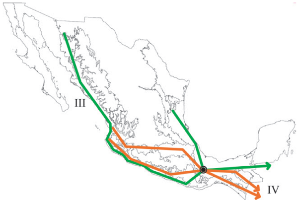 Trazo generalizado III que incluye a las provincias Tierras Bajas del
							Pacífico y Veracruzana, y trazo generalizado IV que contiene a las
							provincias Tierras Altas de Chiapas, Faja Volcánica Transmexicana y
							Sierra Madre del Sur. El círculo negro representa a la Sierra de
							Juárez.