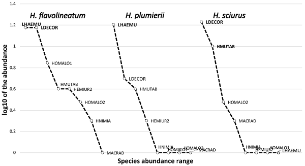 Range-abundance curves showing the trematode infracommunity of 3 species of Haemulon of the Puerto Morelos Reef National Park, Quintana Roo. HMUTAB: Hamacreadium mutabile, HNIMIA: Helicometrina nimia, HEMIUR2: Hemiuridae sp. 2, HOMALO1: Homalometron sp. 1., HOMALO2: Homalometron sp. 2. LHAEMU: Lasiotocus haemuli, LDECOR: Leurodera decora, MACRAD: Macradena perfecta. The most abundant species in each species of Haemulon are indicated in bold.