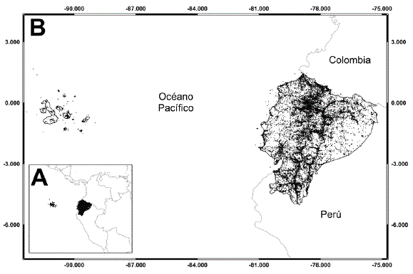 A) Mapa mostrando la ubicaci&oacute;n de Ecuador a escala regional, B) mapa de 407,570 datos de distribuci&oacute;n (puntos oscuros) para 10,390 especies de plantas, animales y hongos de Ecuador.